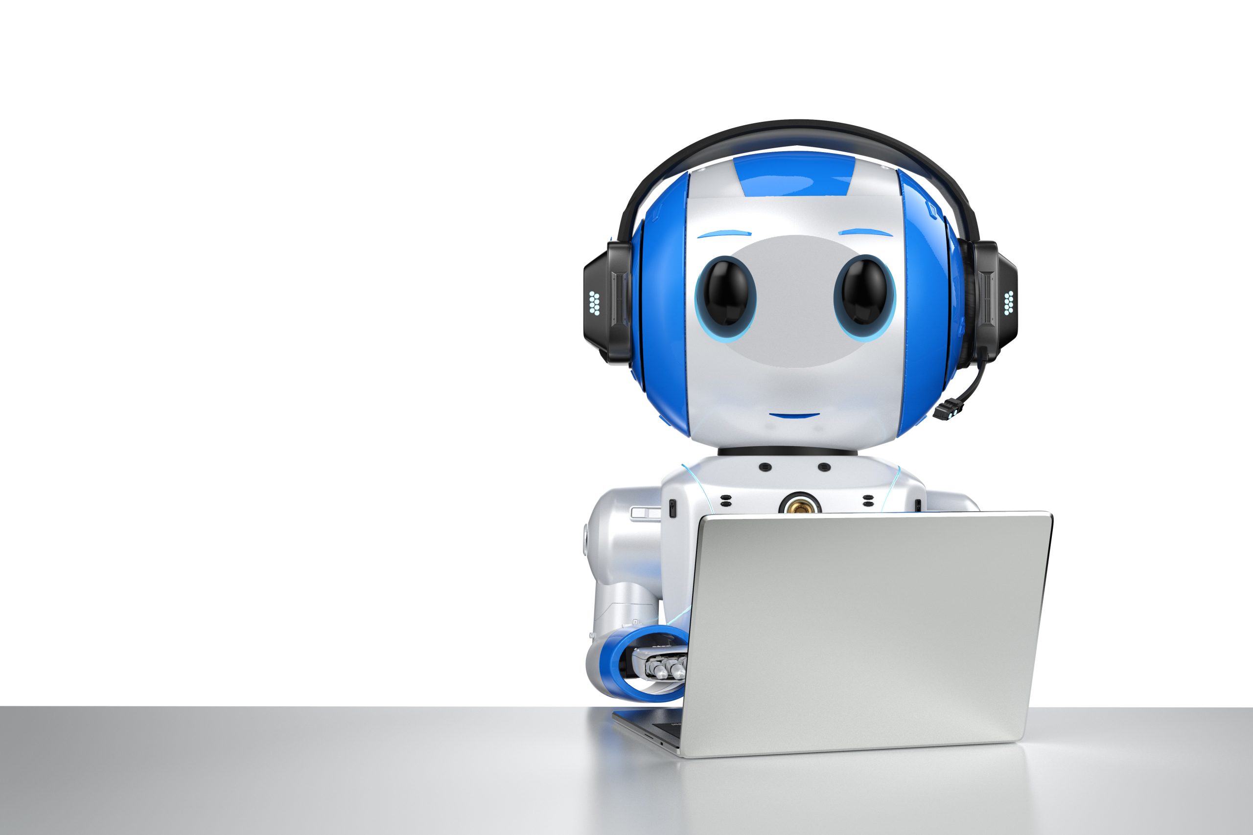 cute artificial intelligence robot with notebook